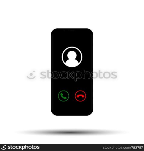 Smartphone with incoming call on display, vector stock isolated mobile phone realistic illustration.