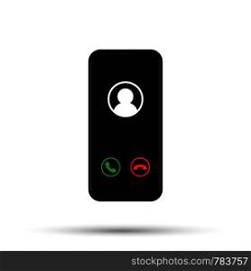 Smartphone with incoming call on display, vector stock isolated mobile phone realistic illustration.