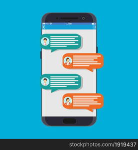 Smartphone with messaging sms app. Chat bubbles on mobile phone touchscreen. Chat between man and woman. Social netwroking. Discussion, talking, assistance. Vector illustration in flat style. Smartphone with messaging sms app.