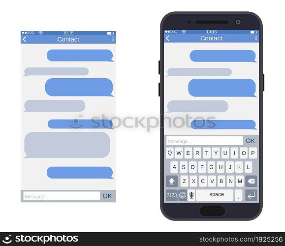 Smartphone with messaging sms app, vector illustration in flat style.. Smartphone with messaging sms app,