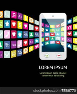 Smartphone with mobile apps and services vector illustration background