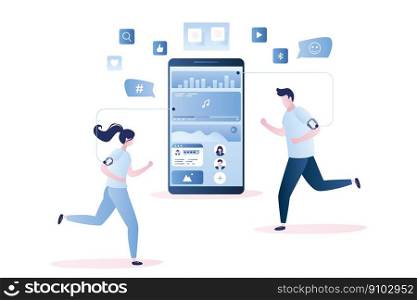 Smartphone with Music app or online radio service and running people with headphones and smart gadgets,male and female characters jogging,internet and mobile signs.Trendy style vector illustration.. Smartphone with Music app or online radio service and running people with headphones and smart gadgets