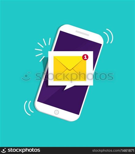 Smartphone with notification sms on screen.Alert of new message mail on mobile phone. Unread sms message on screen of cellphone. Reminder inbox notice in app. 3d flat design vector illustration. Smartphone with notification sms on screen.Alert of new message mail on mobile phone. Unread sms message on screen of cellphone. Reminder inbox notice. 3d flat design vector illustration
