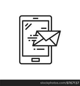 Smartphone with notification sms on screen isolated outline icon. Vector sending email message by phone linear symbol. New e-mail application on screen, text sms or chat bubble, incoming unread mail. Incoming email message notification on screen icon
