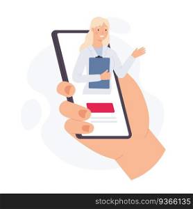 Smartphone with online doctor. Hand hold phone with virtual woman medic on screen. Medical mobile app for health consultation vector concept. Medical check up in application, support service. Smartphone with online doctor. Hand hold phone with virtual woman medic on screen. Medical mobile app for health consultation vector concept