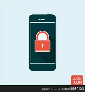 Smartphone with padlock icon. Smartphone security symbol. Vector illustration. Smartphone icon isolated