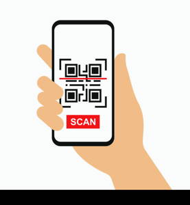 Smartphone with QR code in hand. Scan QR code. Barcode, qrcode scanning of mobile phone in human hands. Flat vector illustration.. Smartphone with QR code in hand. Scan QR code. Barcode, qrcode scanning of mobile phone in human hands.