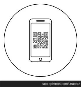 Smartphone with QR code on screen icon in circle round outline black color vector illustration flat style simple image. Smartphone with QR code on screen icon in circle round outline black color vector illustration flat style image