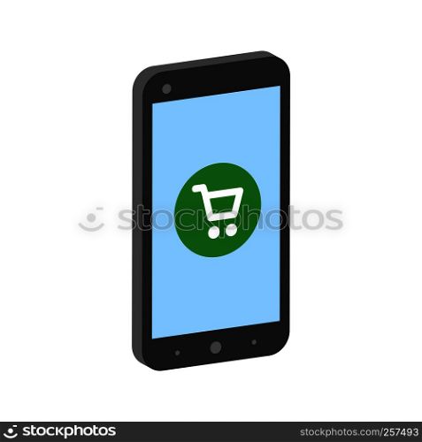 Smartphone with shopping cart, mobile shopping concept symbol. Flat Isometric Icon or Logo. 3D Style Pictogram for Web Design, UI, Mobile App, Infographic. Vector Illustration on white background.