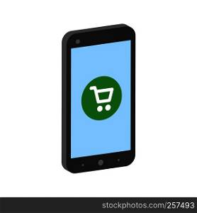 Smartphone with shopping cart, mobile shopping concept symbol. Flat Isometric Icon or Logo. 3D Style Pictogram for Web Design, UI, Mobile App, Infographic. Vector Illustration on white background.
