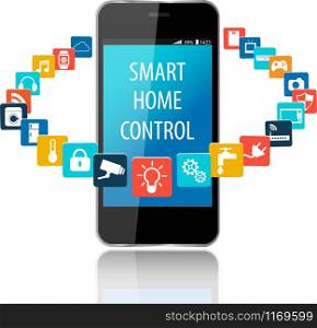 Smartphone with Smart House Apps. Internet of things concept illustration.Controlling your home appliances with Smartphone Apps .Smart house technology system with centralized control