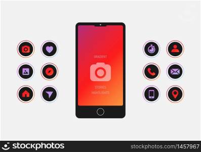 Smartphone with social stories gradient icons on gray background Vector EPS 10. Smartphone with social stories gradient icons on gray background. Vector EPS 10