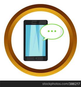 Smartphone with speech bubble vector icon in golden circle, cartoon style isolated on white background. Smartphone with speech bubble vector icon