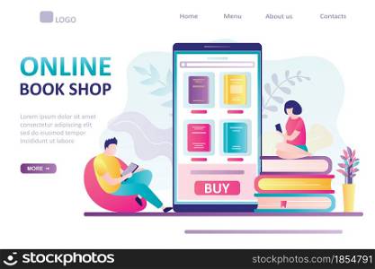 Smartphone with various books on screen. Internet technology, online bookshop landing page. People with smart gadgets. Applications for reading, buying and downloading books. Flat vector illustration. Smartphone with various books on screen. Internet technology, online bookshop landing page. People with smart gadgets.