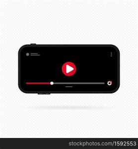 Smartphone with video player on the screen. Mobile streaming technologies. Gadget Elements for site form of watching online video on phone. Vector on isolated white background. EPS 10.. Smartphone with video player on the screen. Mobile streaming technologies. Gadget Elements for site form of watching online video on phone. Vector on isolated white background. EPS 10