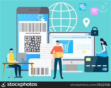 Smartphones and computer with payment security, shopping and delivering. Online system of paying money, characters with laptops. Vector illustration in flat cartoon style. International Business Modern Technologies Gadgets