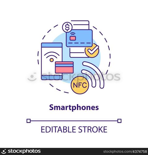 Smartphones concept icon. NFC payment solution. Touchless system abstract idea thin line illustration. Isolated outline drawing. Editable stroke. Roboto-Medium, Myriad Pro-Bold fonts used. Smartphones concept icon