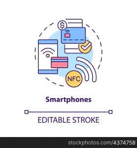 Smartphones concept icon. NFC payment solution. Touchless system abstract idea thin line illustration. Isolated outline drawing. Editable stroke. Roboto-Medium, Myriad Pro-Bold fonts used. Smartphones concept icon