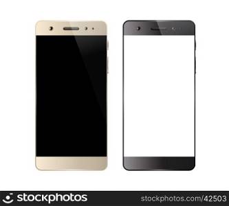 Smartphones isolated on white background. Mobile phone with blank screen. Cell phone mockup design. Vector illustration.. Two smartphones isolated