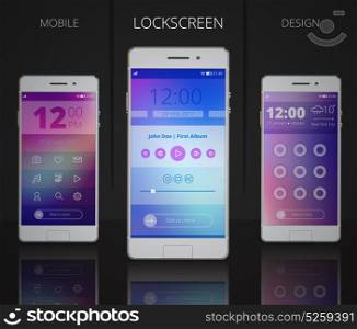 Smartphones Lock Screen Designs. Smartphones lock screen designs with user interface including icons menu music player and password 3d vector illustration