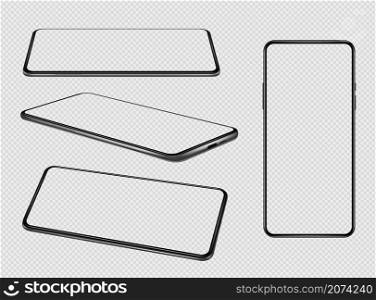 Smartphones mockup. Mobile phones empty screens with place for personal info blank design present various side decent vector smartphones collection. Illustration smartphone mockup, new gadget mock-up. Smartphones mockup. Mobile phones empty screens with place for personal info blank design present various side decent vector smartphones collection
