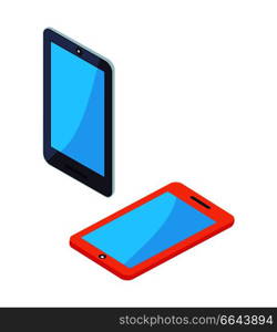 Smartphones or portable cell phones in isometric design set. Modern digital tablets with blue screen vector illustrations isolated on white background.. Smartphone Portable Cellphones in Isometric Design