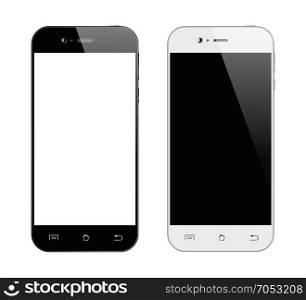 Smartphones. Realistic black and white smartphone. Mobile phone isolated on white background. Vector design smart phones.