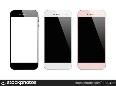 Smartphones three colors. Three colors smartphones isolated on white background. Mobile phone with blank screen. Cell phone mock up design. Vector illustration.