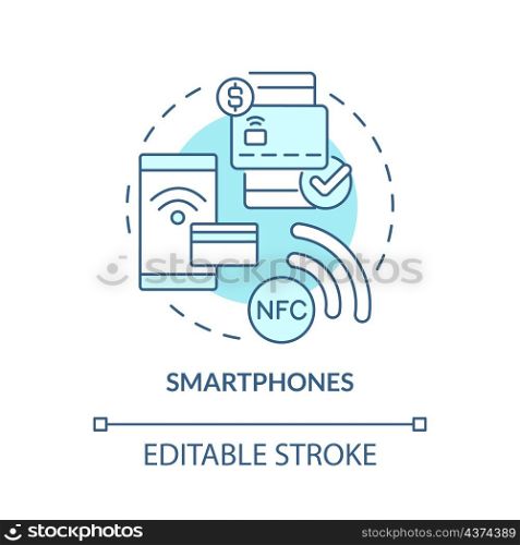 Smartphones turquoise concept icon. NFC payment solution. Touchless system abstract idea thin line illustration. Isolated outline drawing. Editable stroke. Roboto-Medium, Myriad Pro-Bold fonts used. Smartphones turquoise concept icon