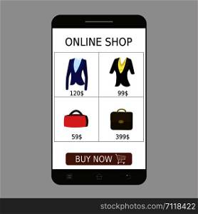 Smartphones with shopping screen application,Phone as shop window with clothes and accessories, flat design vector illustration. Smartphones with shopping screen application,