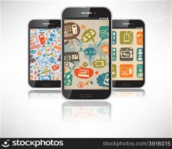 Smartphones with the wallpaper on the theme of social infographic