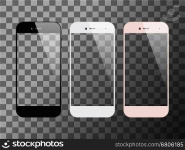 Smartphones with transparent screen. Mobile or cell phone mock up design. Vector illustration.. Smartphones with transparent screen