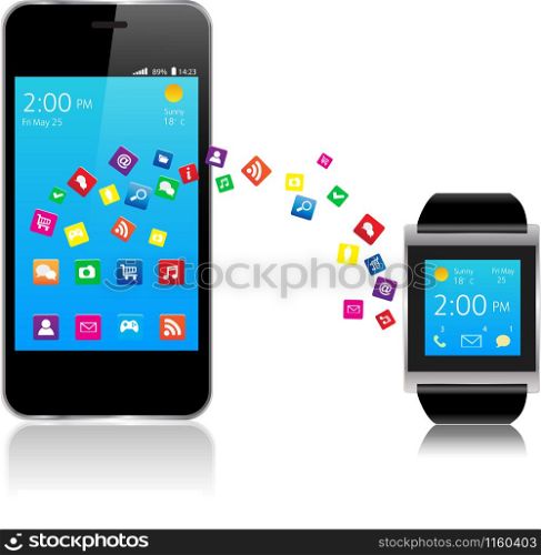 Smartwatch and Smart phone with colorful Application Icons sharing