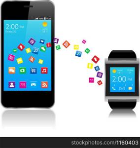 Smartwatch and Smart phone with colorful Application Icons sharing