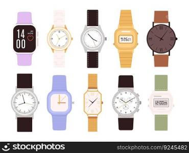 Smartwatch and wristwatch icons. Woman watch, modern and vintage isolated watches and clock. Hand accessories, digital business gadget racy vector set of wristwatch, business style illustration. Smartwatch and wristwatch icons. Woman watch, modern and vintage isolated watches and clock. Hand accessories, digital business gadget racy vector set