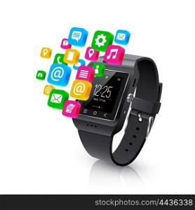Smartwatch Applications Tasks Concept llustration. Black realistic smart watch tasks and applications colorful isometric symbols display outside device white background vector illustration