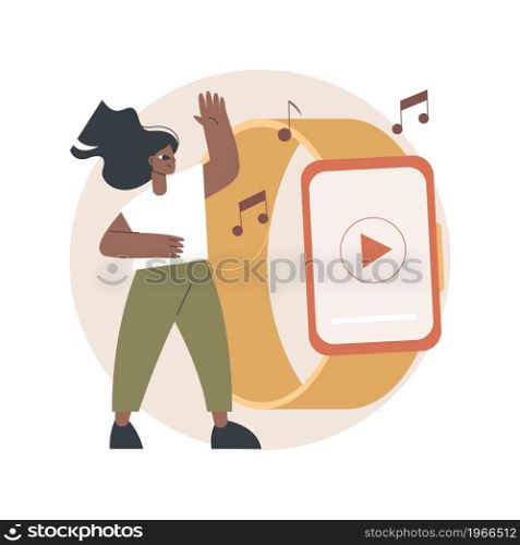 Smartwatch as portable media player abstract concept vector illustration. Wearable music, wireless media control, mobile media applications, compact audio-video playing support abstract metaphor.. Smartwatch as portable media player abstract concept vector illustration.