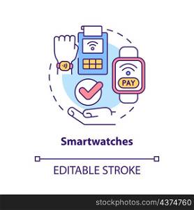 Smartwatch concept icon. Contactless solution. Touchless system abstract idea thin line illustration. Isolated outline drawing. Editable stroke. Roboto-Medium, Myriad Pro-Bold fonts used. Smartwatch concept icon