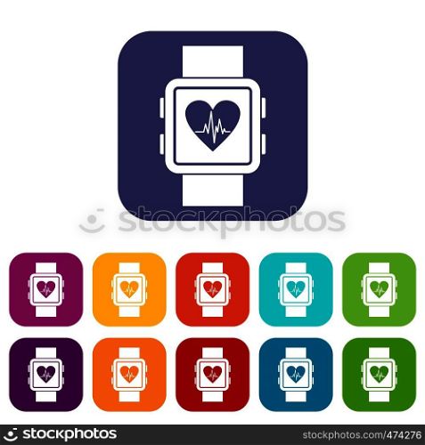 Smartwatch icons set vector illustration in flat style In colors red, blue, green and other. Smartwatch icons set