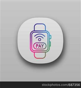 Smartwatch NFC payment app icon. Pay with smart wristwatch. Contactless payment. UI/UX user interface. Web or mobile application. Vector isolated illustration. Smartwatch NFC payment app icon