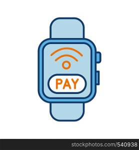 Smartwatch NFC payment color icon. Pay with smart wristwatch. Contactless payment. Isolated vector illustration. Smartwatch NFC payment color icon