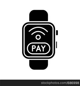 Smartwatch NFC payment glyph icon. Pay with smart wristwatch. Contactless payment. Silhouette symbol. Negative space. Vector isolated illustration. Smartwatch NFC payment glyph icon