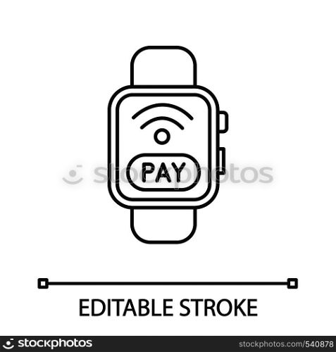 Smartwatch NFC payment linear icon. Thin line illustration. Pay with smart wristwatch. Contactless payment. Contour symbol. Vector isolated outline drawing. Editable stroke. Smartwatch NFC payment linear icon