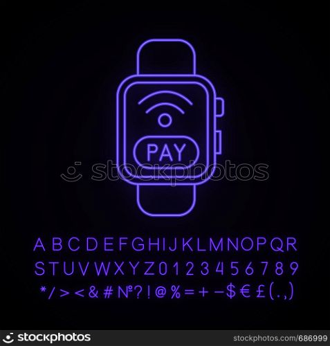 Smartwatch NFC payment neon light icon. Pay with smart wristwatch. Contactless payment. Glowing sign with alphabet, numbers and symbols. Vector isolated illustration. Smartwatch NFC payment neon light icon