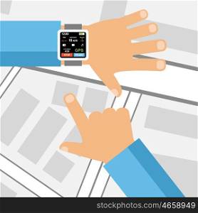 Smartwatch on a wrist. Fitness tracker application. Vector