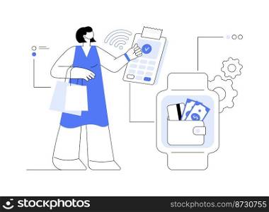 Smartwatch payment abstract concept vector illustration. NFC connection, wearable technology, paying with smartwatch, smart accessories, convenient payment, banking instrument abstract metaphor.. Smartwatch payment abstract concept vector illustration.