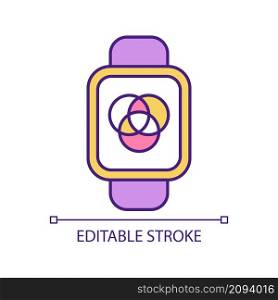 Smartwatch RGB color icon. Internet advertisement on personal device. Digital marketing tool. Isolated vector illustration. Simple filled line drawing. Editable stroke. Arial font used. Smartwatch RGB color icon