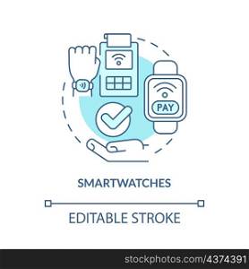 Smartwatch turquoise concept icon. Contactless solution. Touchless system abstract idea thin line illustration. Isolated outline drawing. Editable stroke. Roboto-Medium, Myriad Pro-Bold fonts used. Smartwatch turquoise concept icon