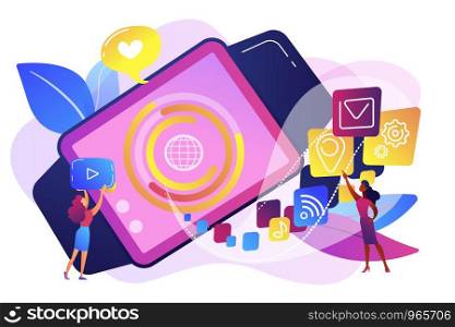 Smartwatch with applications icons and users. Smartwatch app, smartwatch development and smartwatch software concept on white background. Bright vibrant violet vector isolated illustration. Smartwatch app concept vector illustration.