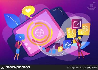 Smartwatch with applications icons and users. Smartwatch app, smartwatch development and smartwatch software concept on ultraviolet background. Bright vibrant violet vector isolated illustration. Smartwatch app concept vector illustration.